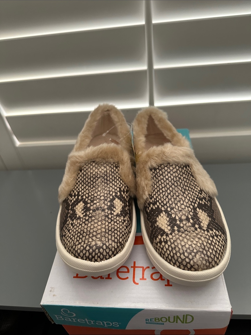 BareTraps Beige Snake-Print Faux-Fur Slip-Ons